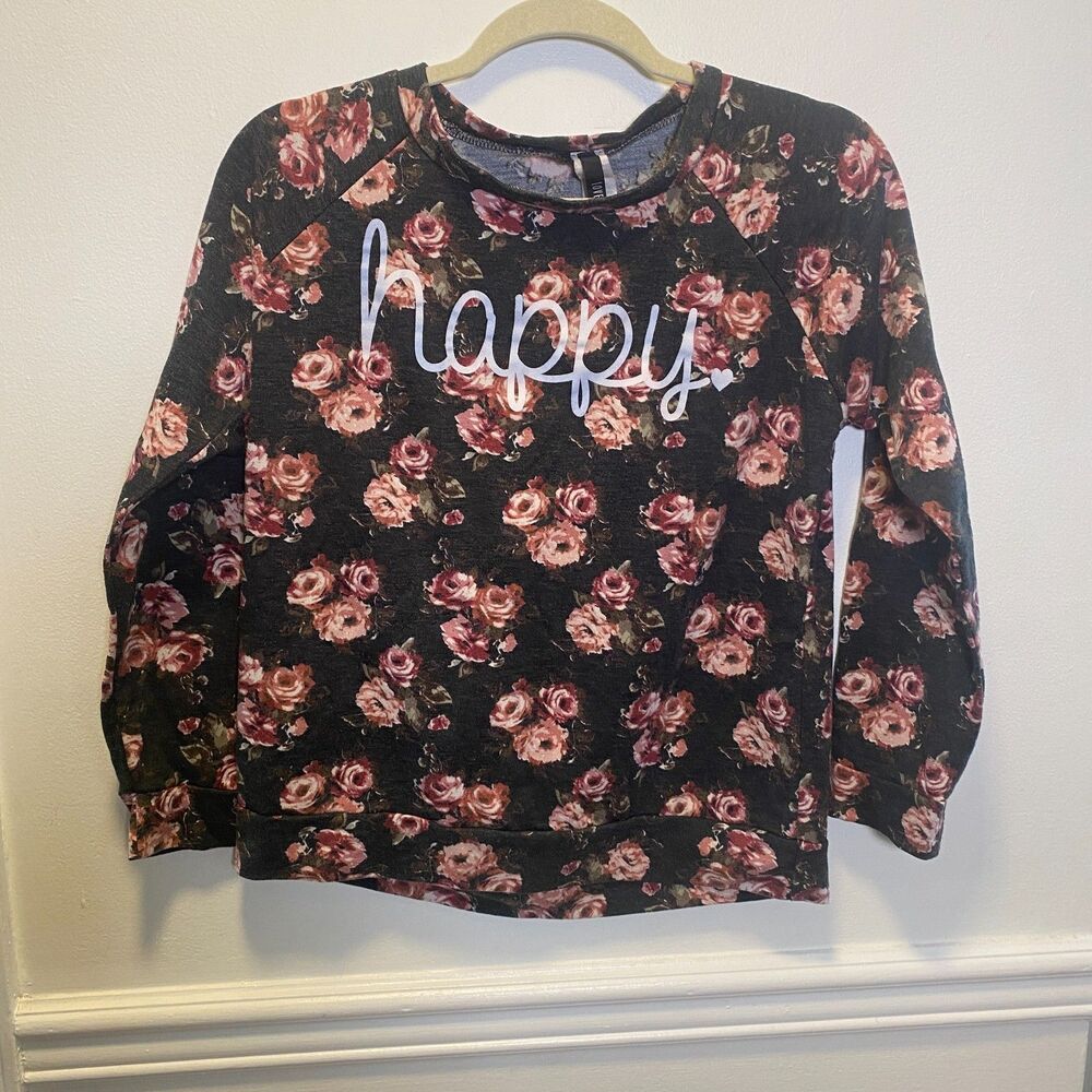 Lovely Souls Floral “Happy” Graphic Sweatshirt Long Sleeve Pullover Top M